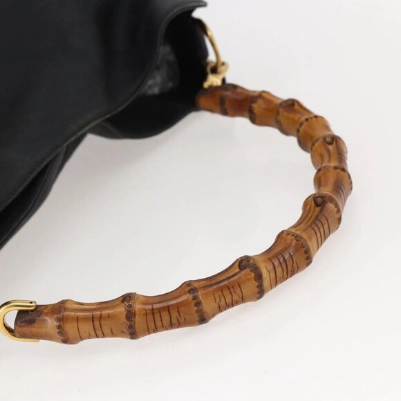 GUCCI Bamboo Shoulder Bag Leather Black Gold Auth - Picture 7 of 15